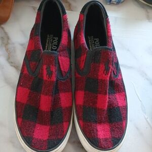 Polo Ralph Lauren Red Plaid Slip On Sneakers Mens Shoe Holiday Christmas Party
